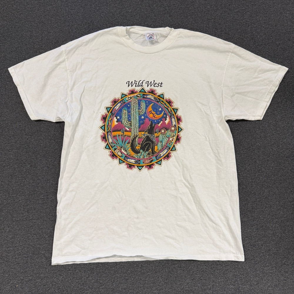 90s Delta Wild West T-Shirt Mens XL White Good Wolf Cactus Desert Graphic Tee